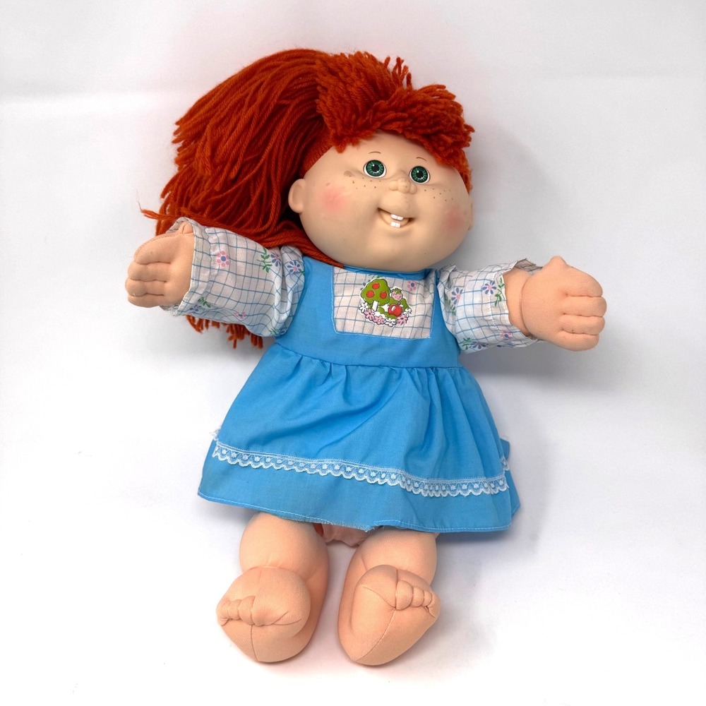 Cabbage Patch Kids Doll Red Yarn Hair Blue Apples Dress Vintage 1990 Retro Toy